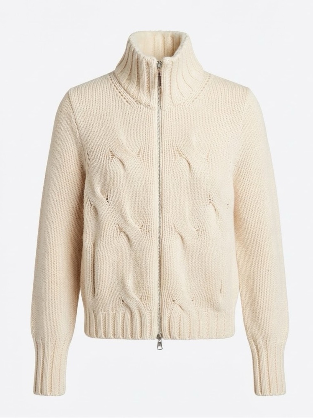 Burberry Cream Zip-Front Turtleneck Knit Sweater